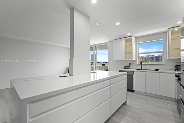 137 Golden Isles Dr Unit 305, Hallandale Beach, FL 33009 - kitchen featuring stainless steel dishwasher, a sink, white cabinetry, recessed lighting, and glass insert cabinets