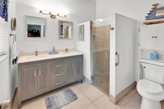 full bath featuring toilet, a shower stall, double vanity, and tile patterned floors