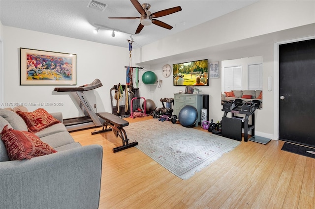 exercise room featuring wood finished floors and ceiling fan