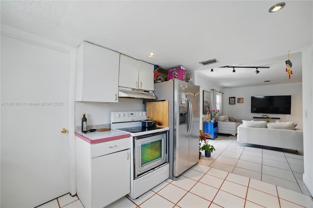 6400 Sheridan St, Hollywood, FL 33024 - kitchen featuring white range with electric stovetop, under cabinet range hood, white cabinets, open floor plan, and light countertops