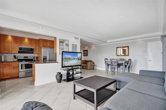 137 Golden Isles Dr Unit 1105, Hallandale Beach, FL 33009 - living room featuring light tile patterned floors, ornamental molding, recessed lighting, and a raised ceiling