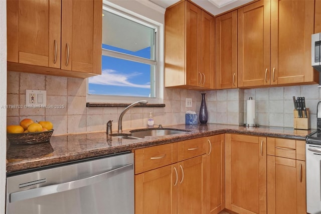 137 Golden Isles Dr Unit 1105, Hallandale Beach, FL 33009 - kitchen with stainless steel dishwasher, a sink, backsplash, and dark stone countertops