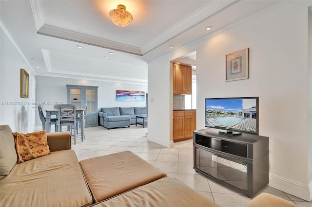 137 Golden Isles Dr Unit 1105, Hallandale Beach, FL 33009 - living area featuring light tile patterned flooring, a tray ceiling, crown molding, baseboards, and french doors
