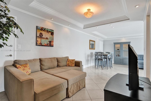 137 Golden Isles Dr Unit 1105, Hallandale Beach, FL 33009 - living area featuring a raised ceiling, light tile patterned floors, crown molding, baseboards, and recessed lighting