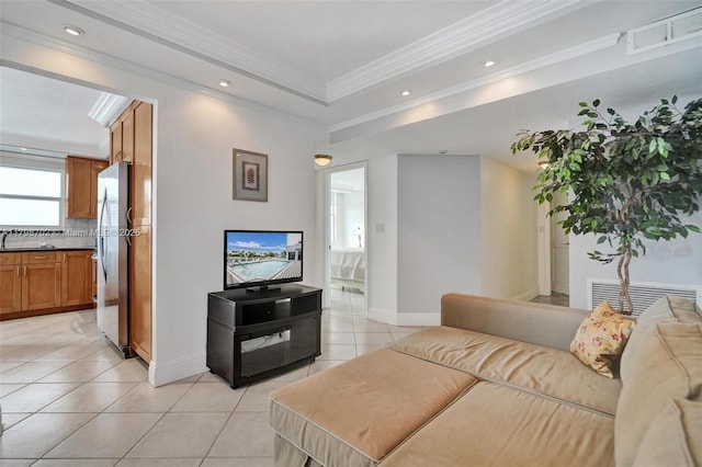 137 Golden Isles Dr Unit 1105, Hallandale Beach, FL 33009 - living area with light tile patterned floors, ornamental molding, baseboards, and recessed lighting