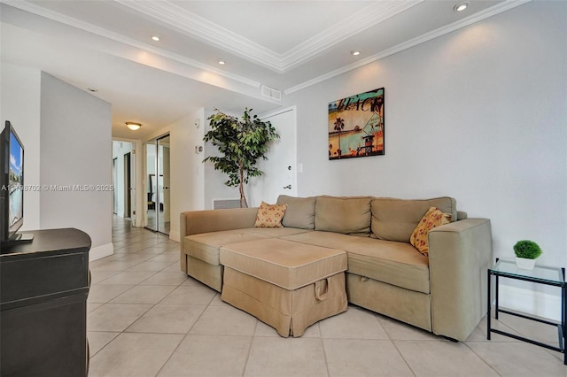 137 Golden Isles Dr Unit 1105, Hallandale Beach, FL 33009 - living area featuring light tile patterned flooring, crown molding, and recessed lighting