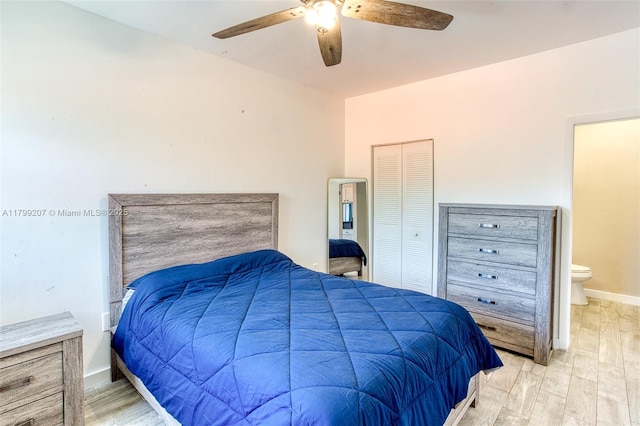 2301 NW 96th Ter Unit 16C, Pembroke Pines, FL 33024 - bedroom featuring wood finished floors, a closet, ensuite bath, and a ceiling fan