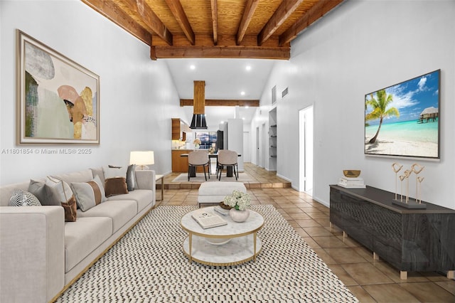 10300 Laurel Ct, Pembroke Pines, FL 33026 - tiled living room with beam ceiling, baseboards, and recessed lighting