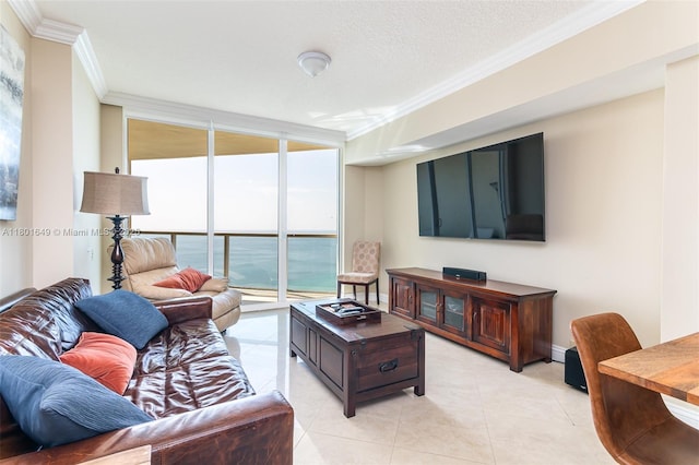 16699 Collins Ave Unit 3401, Sunny Isles Beach, FL 33160 - living area featuring a wall of windows, crown molding, and light tile patterned floors