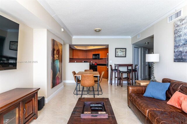 16699 Collins Ave Unit 3401, Sunny Isles Beach, FL 33160 - living room featuring crown molding, a textured ceiling, bar, and light tile patterned floors