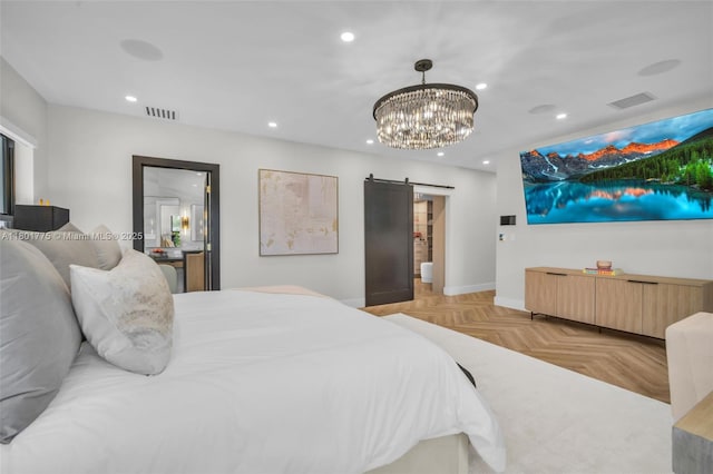 4430 Casper Ct, Hollywood, FL 33021 - bedroom featuring a barn door, recessed lighting, baseboards, and a chandelier