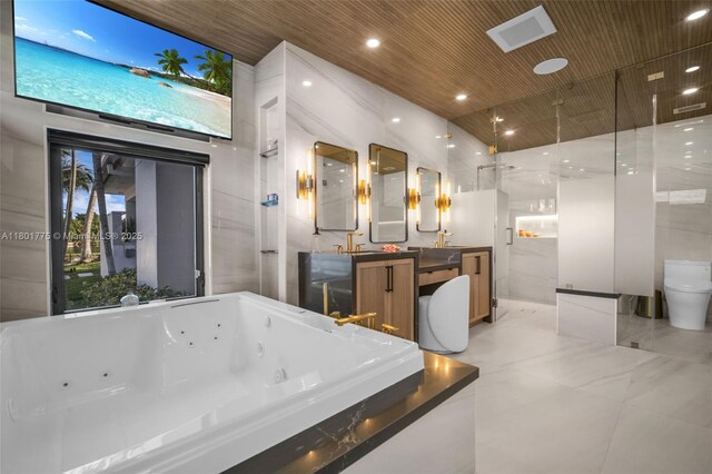 4430 Casper Ct, Hollywood, FL 33021 - bathroom featuring a walk in shower, a tub with jets, double vanity, marble tiled flooring, and wooden ceiling