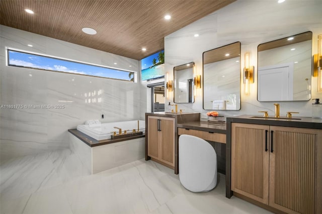 4430 Casper Ct, Hollywood, FL 33021 - full bathroom featuring a bath, double vanity, marble tiled floors, and recessed lighting