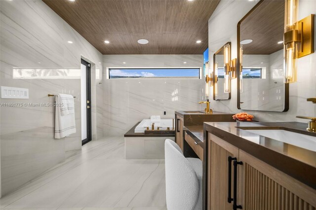 4430 Casper Ct, Hollywood, FL 33021 - bathroom featuring wood ceiling, a tub, marble finish flooring, two vanities, and a marble finish shower
