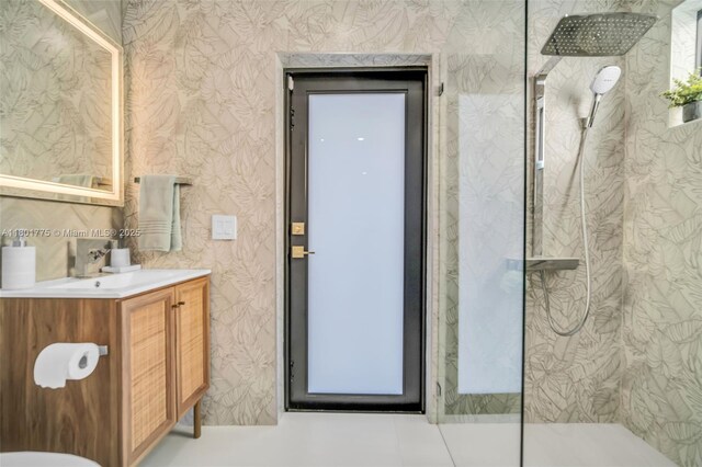 4430 Casper Ct, Hollywood, FL 33021 - bathroom with wallpapered walls, a walk in shower, and vanity