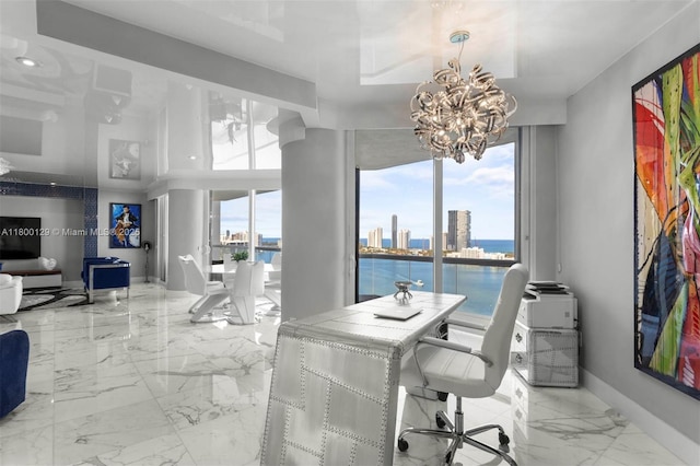 2600 Island Blvd Unit 2603, Aventura, FL 33160 - office space featuring a chandelier, marble tiled flooring, baseboards, a city view, and a water view