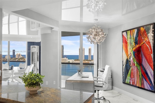 2600 Island Blvd Unit 2603, Aventura, FL 33160 - office with a chandelier, a water view, plenty of natural light, and marble finish floors