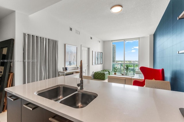 kitchen featuring a sink, light countertops, open floor plan, and a textured ceiling