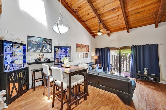 1951 SW 81st Ter, Davie, FL 33324 - dining room featuring wooden ceiling, a ceiling fan, wood finished floors, high vaulted ceiling, and beamed ceiling