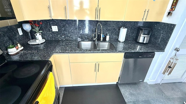 kitchen with electric stove, a sink, dishwasher, and decorative backsplash