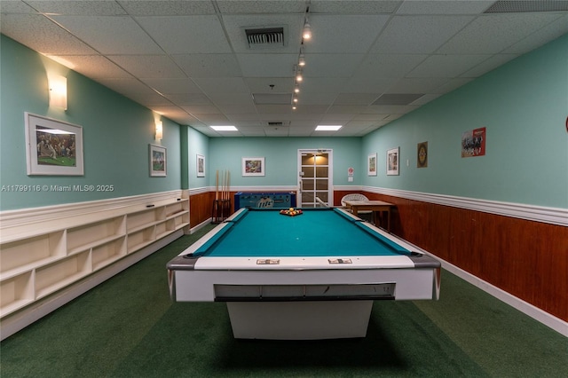 recreation room featuring carpet, rail lighting, a paneled ceiling, a wainscoted wall, and pool table