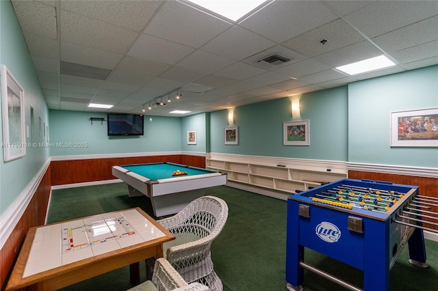 rec room with wainscoting, carpet, pool table, track lighting, and a drop ceiling