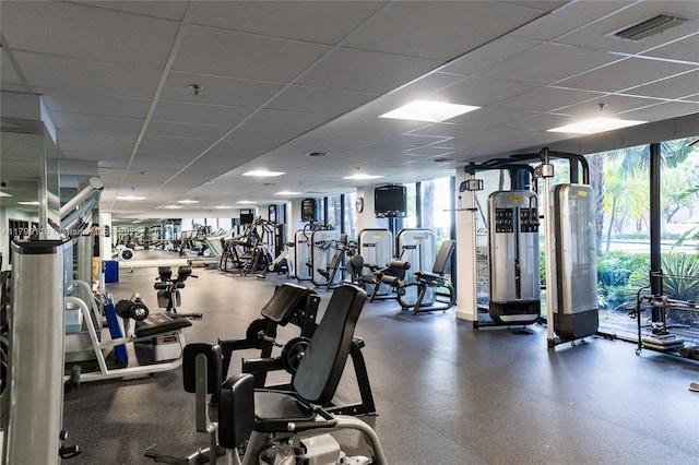 workout area featuring healthy amount of natural light and a paneled ceiling