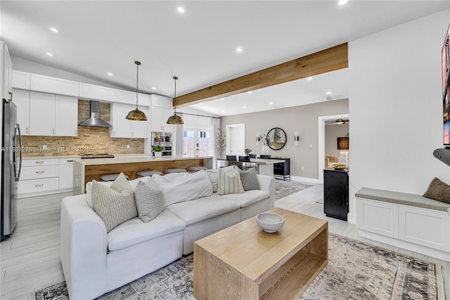 2801 SW 64th Ave, Miami, FL 33155 - living room featuring recessed lighting, baseboards, light wood-type flooring, and beamed ceiling
