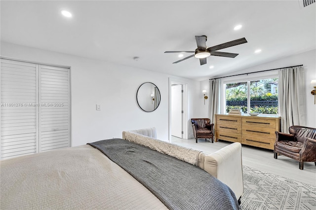 2801 SW 64th Ave, Miami, FL 33155 - bedroom with recessed lighting, light wood-type flooring, vaulted ceiling, a ceiling fan, and a closet
