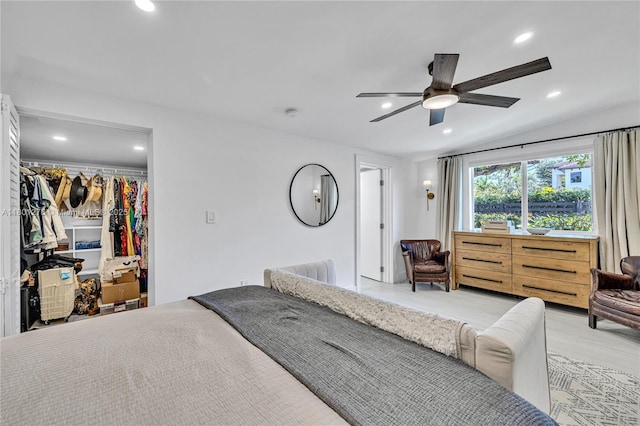 2801 SW 64th Ave, Miami, FL 33155 - bedroom featuring a walk in closet, recessed lighting, light wood-type flooring, ceiling fan, and lofted ceiling