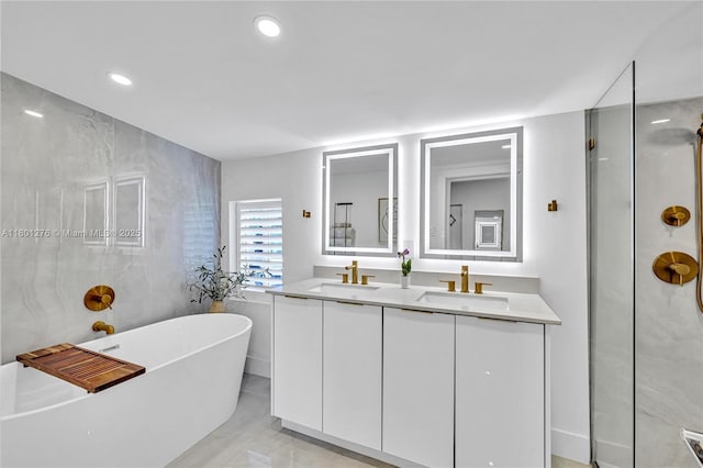 2801 SW 64th Ave, Miami, FL 33155 - full bath featuring a freestanding bath, double vanity, and recessed lighting