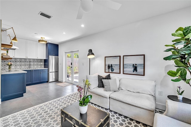 2801 SW 64th Ave, Miami, FL 33155 - living area featuring ceiling fan, recessed lighting, light tile patterned flooring, and french doors