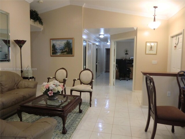 1593 NW 158th Ave, Pembroke Pines, FL 33028 - living area featuring a desk, ornamental molding, light tile patterned floors, baseboards, and vaulted ceiling