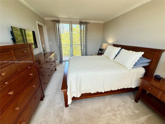 16518 NE 26th Ave Unit 405, North Miami Beach, FL 33160 - bedroom featuring access to outside, light carpet, and ornamental molding