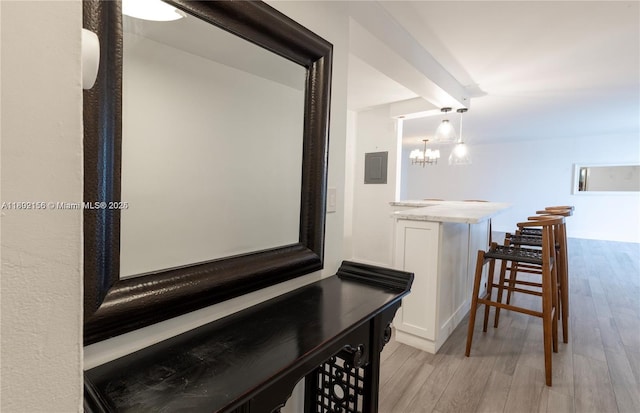 6061 Collins Ave Unit 7D, Miami Beach, FL 33140 - corridor with light wood-type flooring and a chandelier