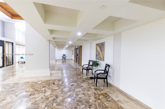 6061 Collins Ave Unit 7D, Miami Beach, FL 33140 - hallway featuring coffered ceiling, baseboards, recessed lighting, and beamed ceiling