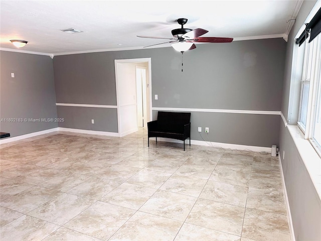 8761 NW 12th St, Pembroke Pines, FL 33024 - spare room with a ceiling fan, crown molding, and baseboards