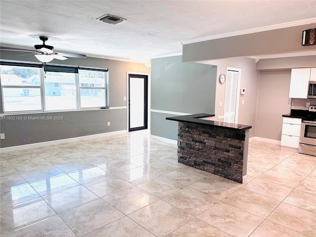8761 NW 12th St, Pembroke Pines, FL 33024 - unfurnished living room featuring crown molding, a ceiling fan, light tile patterned floors, and baseboards