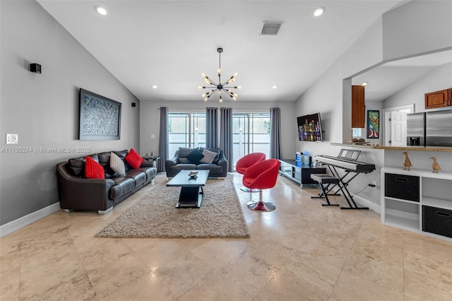 2898 SW 2nd Ave, Miami, FL 33129 - living area featuring vaulted ceiling, a chandelier, baseboards, and recessed lighting