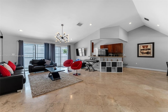 2898 SW 2nd Ave, Miami, FL 33129 - living area with a chandelier, recessed lighting, high vaulted ceiling, and baseboards