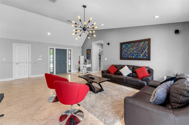 2898 SW 2nd Ave, Miami, FL 33129 - living area with recessed lighting, a chandelier, baseboards, and vaulted ceiling