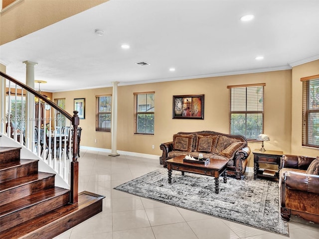 4960 SW 158th Ave, Miramar, FL 33027 - living room with ornate columns, crown molding, stairway, recessed lighting, and light tile patterned floors