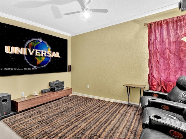 4960 SW 158th Ave, Miramar, FL 33027 - home theater room with crown molding, a ceiling fan, a textured wall, and carpet flooring