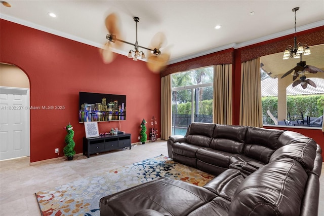 18951 SW 30th St, Miramar, FL 33029 - living area featuring ornamental molding, a ceiling fan, recessed lighting, a chandelier, and baseboards