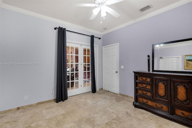 18951 SW 30th St, Miramar, FL 33029 - bedroom featuring crown molding, french doors, baseboards, and a ceiling fan