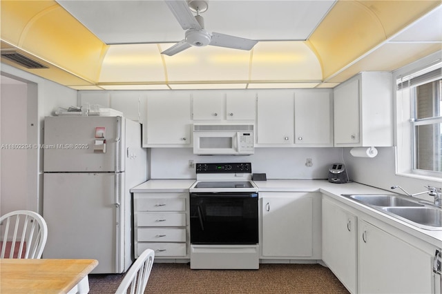 700 SE 6th Ave Unit 314, Deerfield Beach, FL 33441 - kitchen with white appliances, a sink, white cabinets, ceiling fan, and light countertops