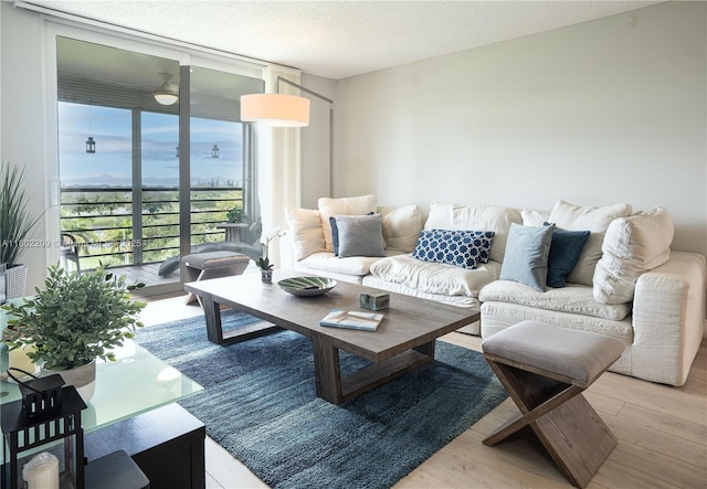 900 Saint Charles Pl Unit 621, Pembroke Pines, FL 33026 - living area with light wood-style floors, floor to ceiling windows, and a textured ceiling