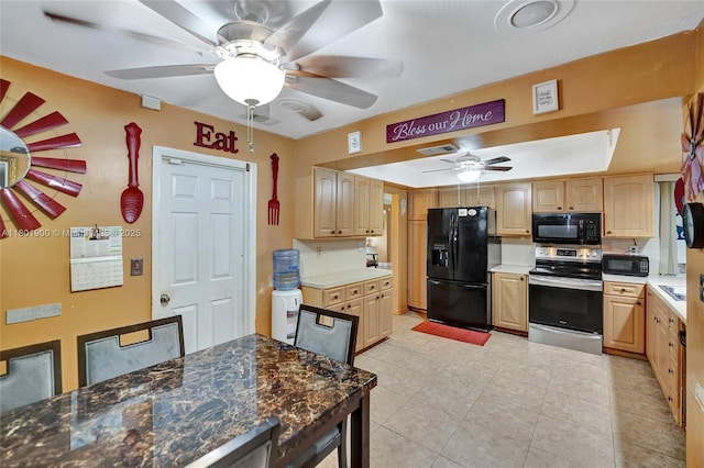 7908 Coral Blvd, Miramar, FL 33023 - kitchen featuring black appliances, a ceiling fan, light brown cabinetry, light tile patterned flooring, and a sink