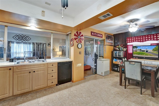 7908 Coral Blvd, Miramar, FL 33023 - kitchen featuring dishwasher, ceiling fan, light brown cabinetry, a sink, and light tile patterned floors