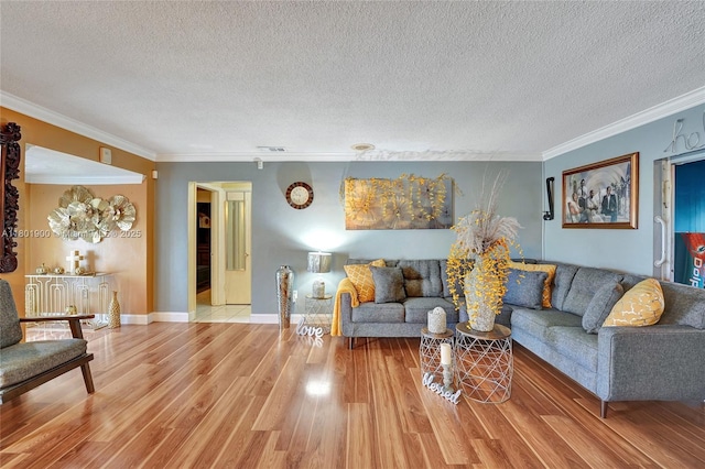 7908 Coral Blvd, Miramar, FL 33023 - living room featuring a textured ceiling, light wood-type flooring, crown molding, and baseboards